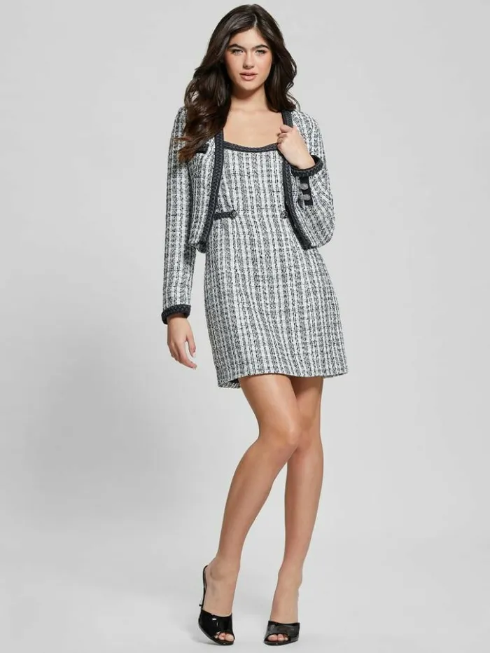 Women GUESS Jackets and Coats Eco Tosca Tweed Jacket Black And White Boucle Co Women GUESS Jackets and Coats Eco Tosca Tweed Jacket Black And White Boucle Co