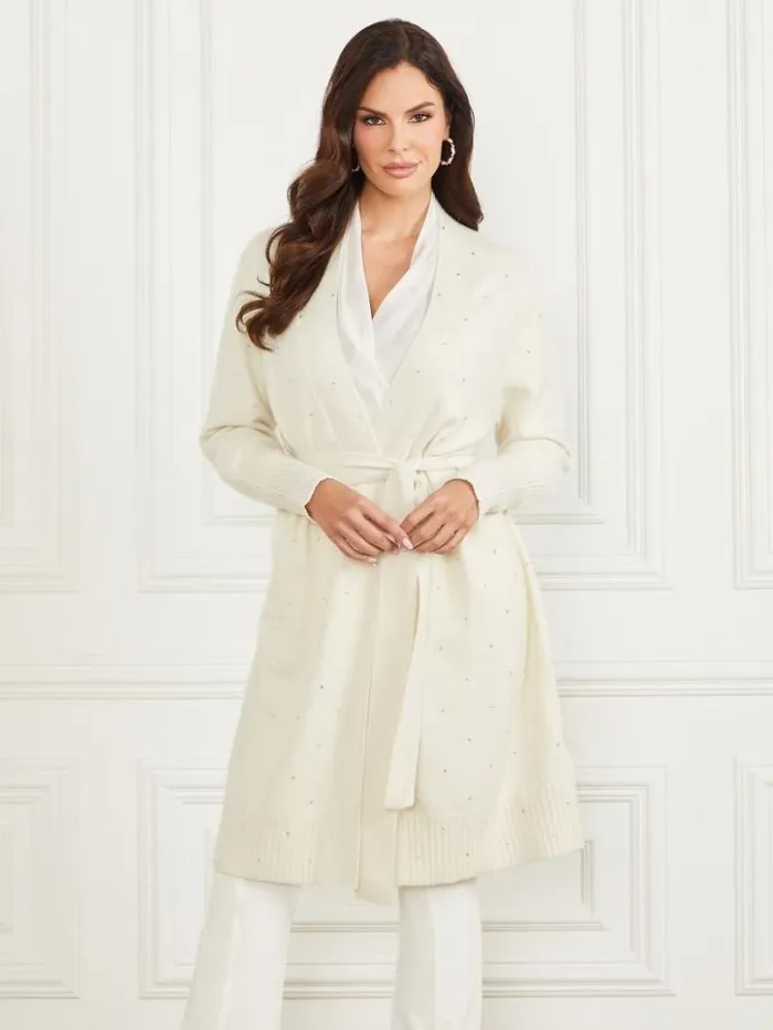 Women GUESS Jackets and Coats Elien Cashmere Crystal Cardigan Pale Pearl