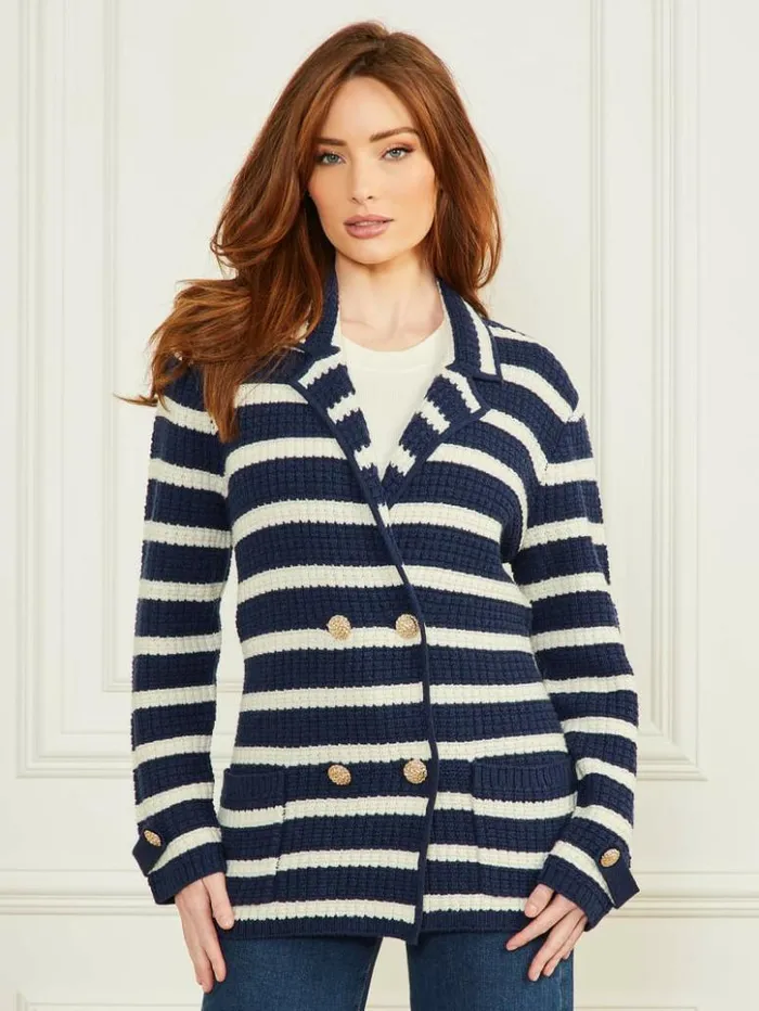 Women GUESS Jackets and Coats Gaia Sweater Waffle Jacket Blue And White Stripes Women GUESS Jackets and Coats Gaia Sweater Waffle Jacket Blue And White Stripes