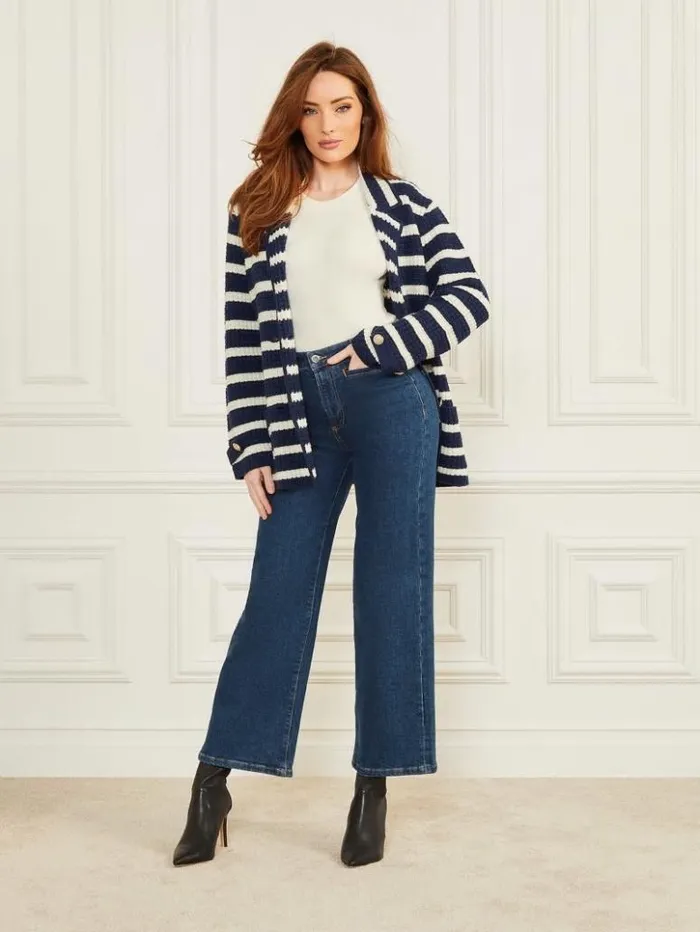 Women GUESS Jackets and Coats Gaia Sweater Waffle Jacket Blue And White Stripes Women GUESS Jackets and Coats Gaia Sweater Waffle Jacket Blue And White Stripes