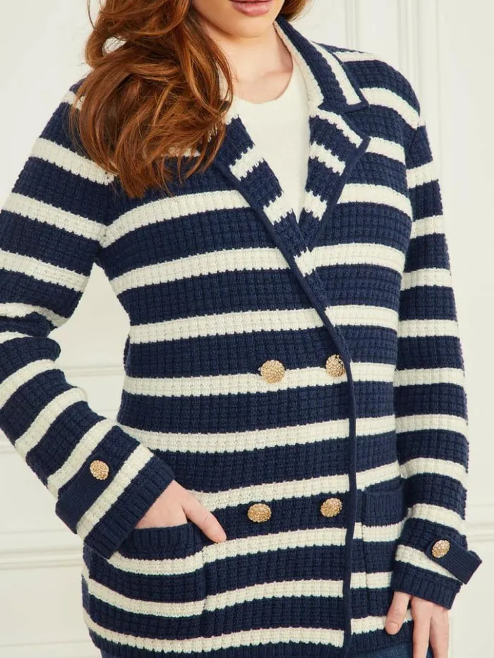 Women GUESS Jackets and Coats Gaia Sweater Waffle Jacket Blue And White Stripes Women GUESS Jackets and Coats Gaia Sweater Waffle Jacket Blue And White Stripes