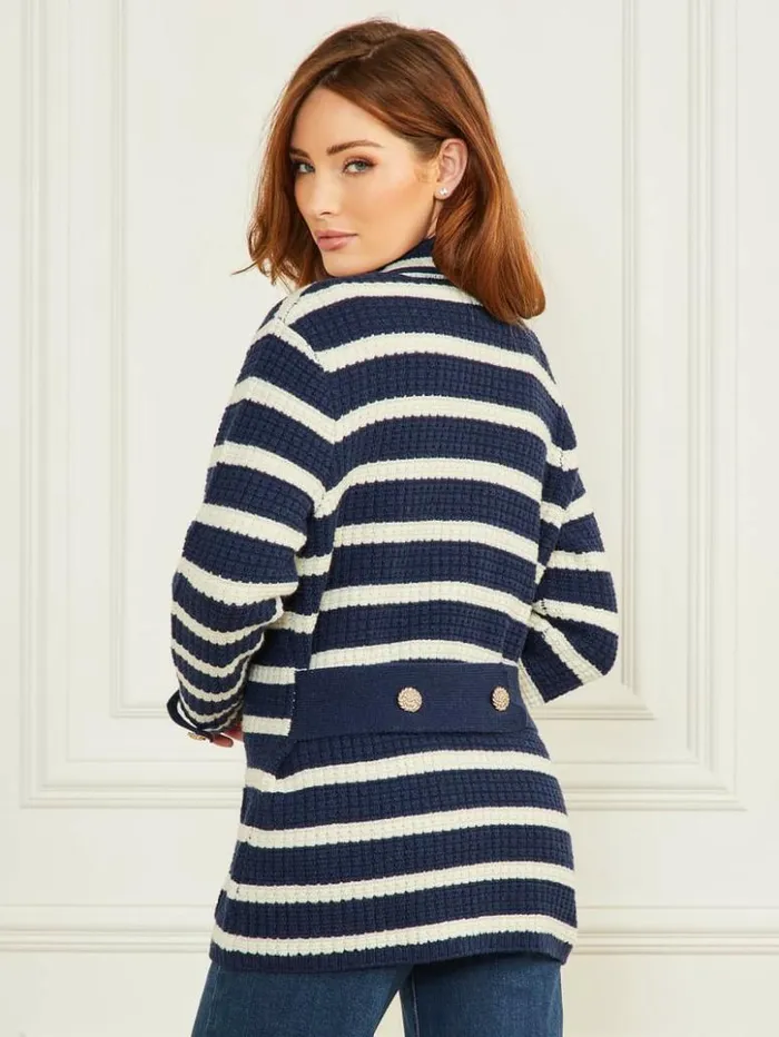 Women GUESS Jackets and Coats Gaia Sweater Waffle Jacket Blue And White Stripes Women GUESS Jackets and Coats Gaia Sweater Waffle Jacket Blue And White Stripes