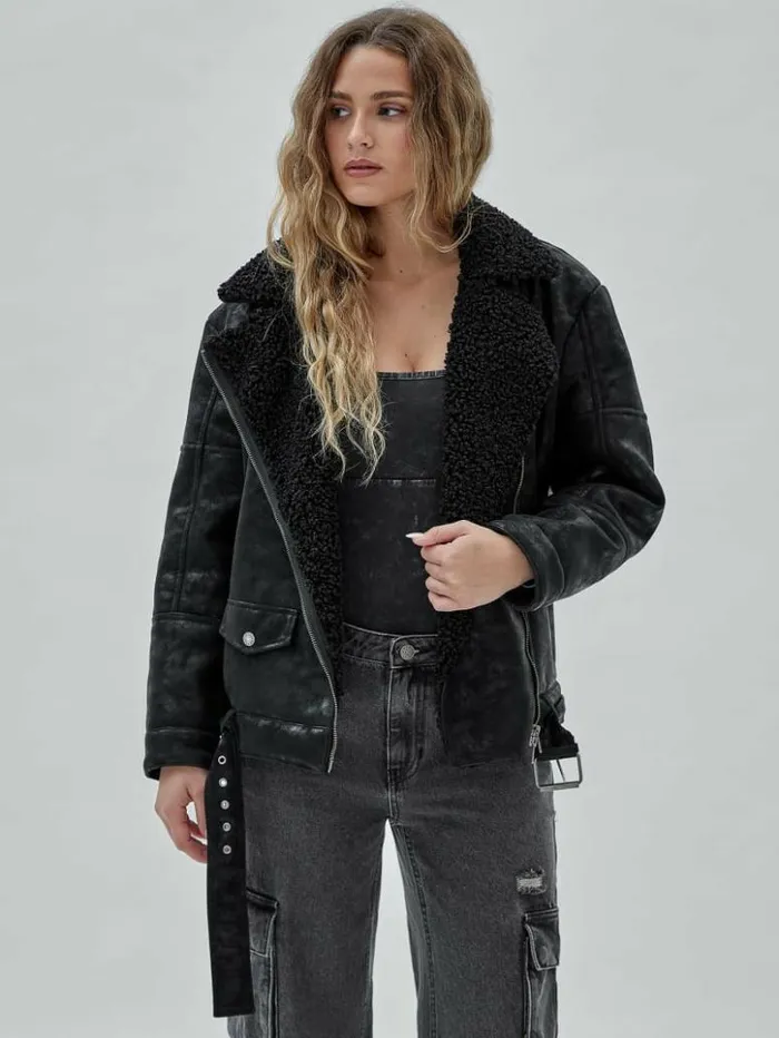 Women GUESS Jackets and Coats GUESS Originals Belted Biker Jacket Black
