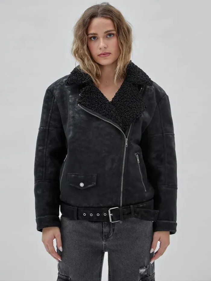 Women GUESS Jackets and Coats GUESS Originals Belted Biker Jacket Black