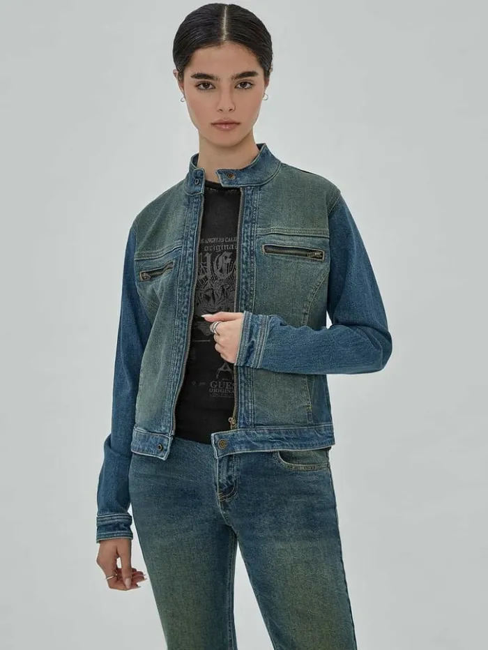 Women GUESS Jackets and Coats GUESS Originals Moto Zip Up Jacket Go Tinted Medium Wash