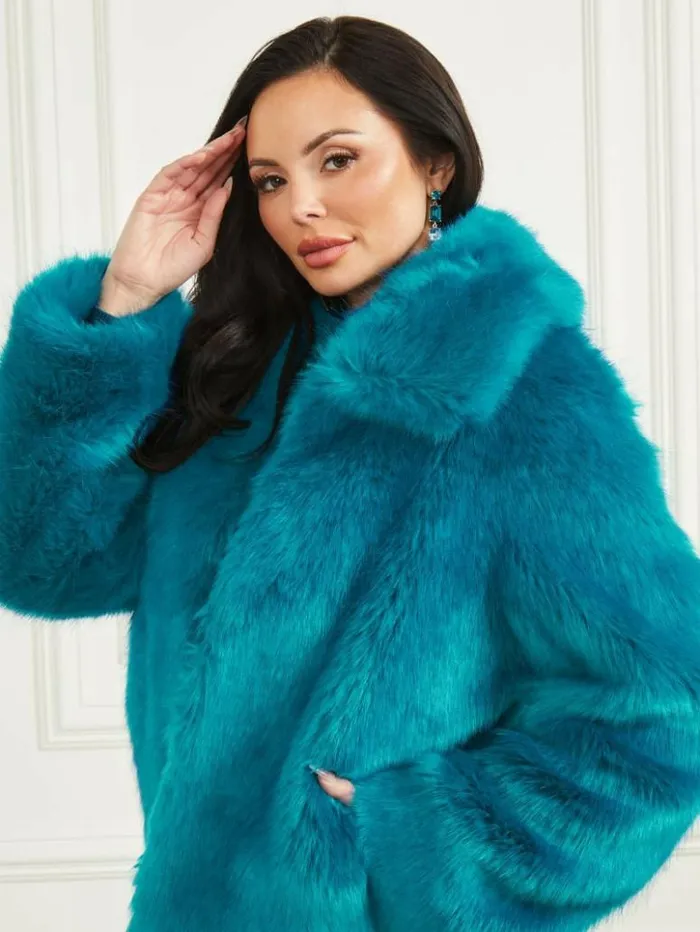 Women GUESS Jackets and Coats Gwenda FauxFur Jacket Bermuda Blue With Darker