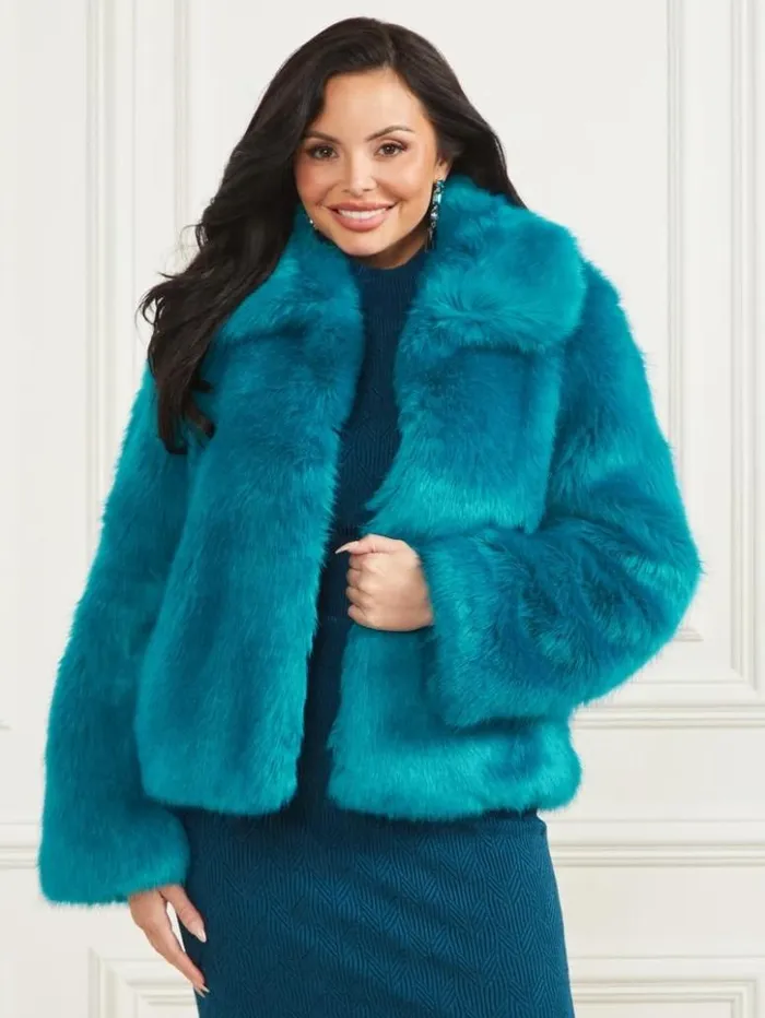 Women GUESS Jackets and Coats Gwenda FauxFur Jacket Bermuda Blue With Darker Women GUESS Jackets and Coats Gwenda FauxFur Jacket Bermuda Blue With Darker