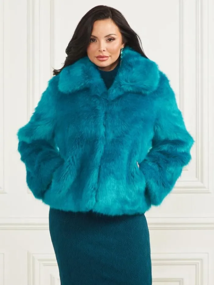 Women GUESS Jackets and Coats Gwenda FauxFur Jacket Bermuda Blue With Darker Women GUESS Jackets and Coats Gwenda FauxFur Jacket Bermuda Blue With Darker