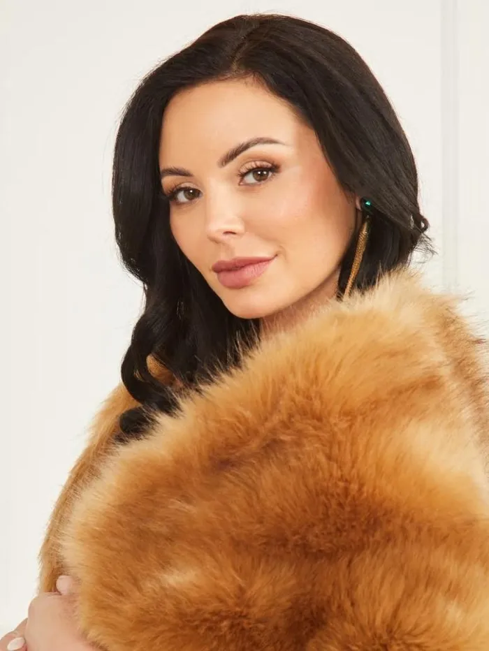 Women GUESS Jackets and Coats Gwenda FauxFur Shawl Scarf Camel