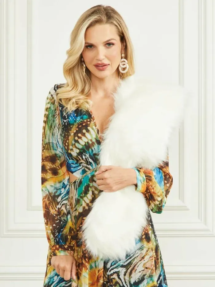 Women GUESS Jackets and Coats Gwenda FauxFur Shawl Scarf Pale Pearl