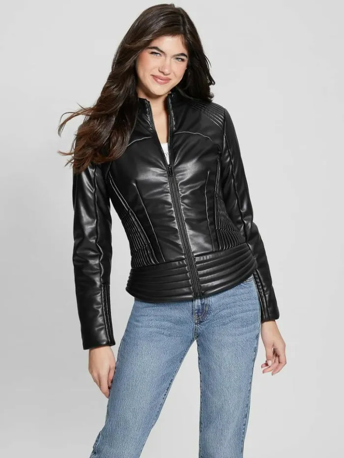 Women GUESS Jackets and Coats Lea FauxLeather Corset Jacket Black