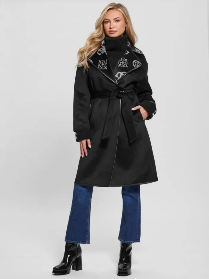 Women GUESS Jackets and Coats Ludovica WoolBlend Wrap Coat Jacquard Logo Black Combo Women GUESS Jackets and Coats Ludovica WoolBlend Wrap Coat Jacquard Logo Black Combo