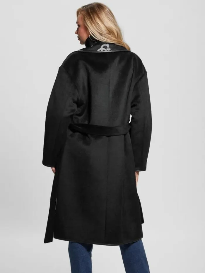 Women GUESS Jackets and Coats Ludovica WoolBlend Wrap Coat Jacquard Logo Black Combo Women GUESS Jackets and Coats Ludovica WoolBlend Wrap Coat Jacquard Logo Black Combo