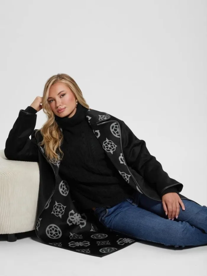 Women GUESS Jackets and Coats Ludovica WoolBlend Wrap Coat Jacquard Logo Black Combo Women GUESS Jackets and Coats Ludovica WoolBlend Wrap Coat Jacquard Logo Black Combo