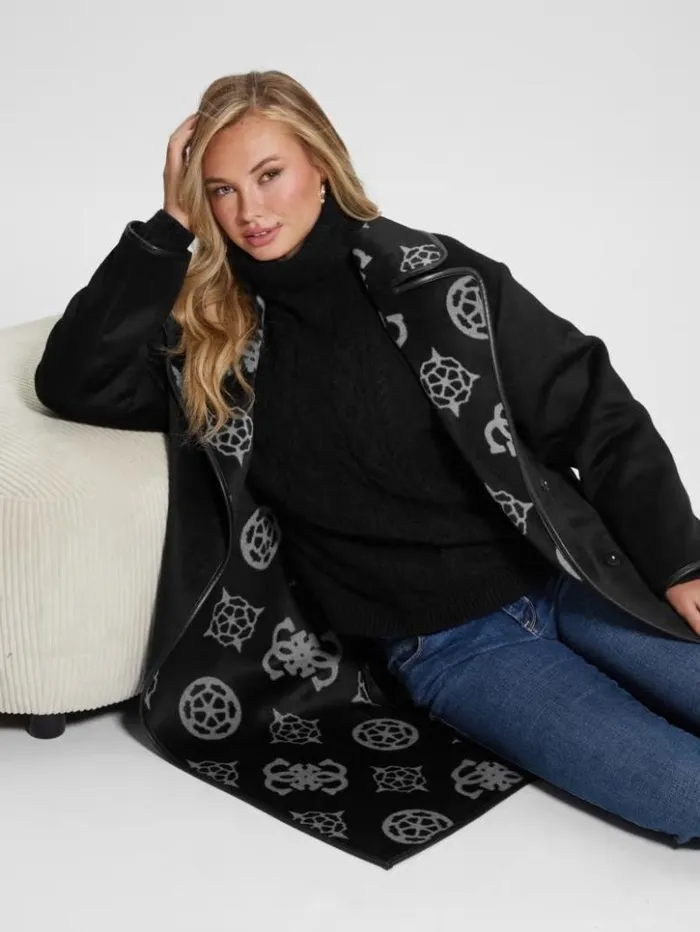 Women GUESS Jackets and Coats Ludovica WoolBlend Wrap Coat Jacquard Logo Black Combo Women GUESS Jackets and Coats Ludovica WoolBlend Wrap Coat Jacquard Logo Black Combo