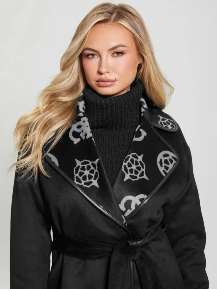 Women GUESS Jackets and Coats Ludovica WoolBlend Wrap Coat Jacquard Logo Black Combo Women GUESS Jackets and Coats Ludovica WoolBlend Wrap Coat Jacquard Logo Black Combo