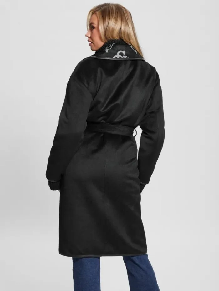 Women GUESS Jackets and Coats Ludovica WoolBlend Wrap Coat Jacquard Logo Black Combo Women GUESS Jackets and Coats Ludovica WoolBlend Wrap Coat Jacquard Logo Black Combo