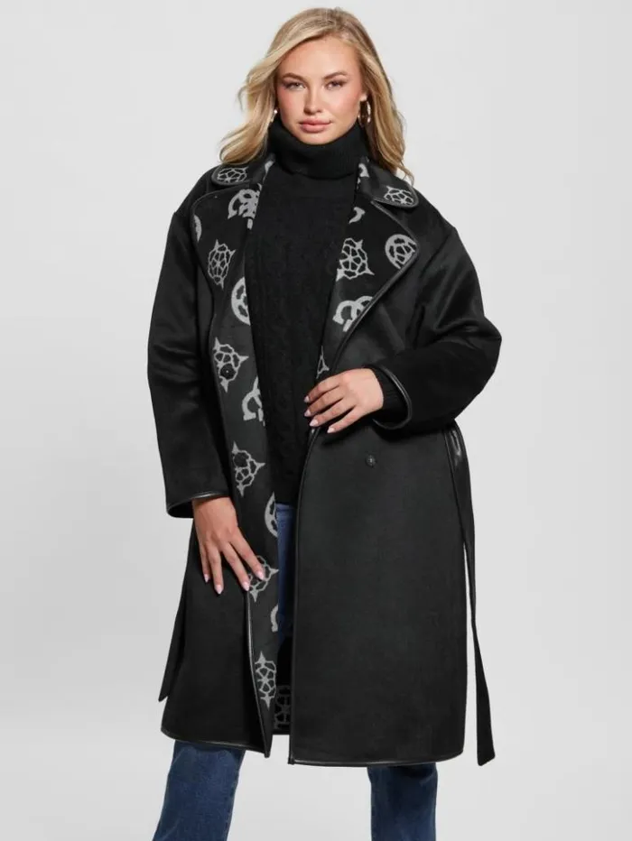 Women GUESS Jackets and Coats Ludovica WoolBlend Wrap Coat Jacquard Logo Black Combo Women GUESS Jackets and Coats Ludovica WoolBlend Wrap Coat Jacquard Logo Black Combo