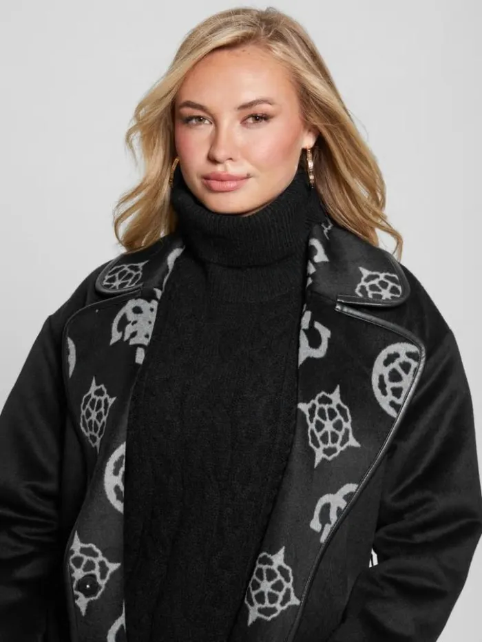 Women GUESS Jackets and Coats Ludovica WoolBlend Wrap Coat Jacquard Logo Black Combo Women GUESS Jackets and Coats Ludovica WoolBlend Wrap Coat Jacquard Logo Black Combo