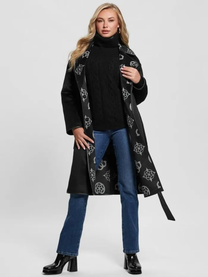 Women GUESS Jackets and Coats Ludovica WoolBlend Wrap Coat Jacquard Logo Black Combo Women GUESS Jackets and Coats Ludovica WoolBlend Wrap Coat Jacquard Logo Black Combo