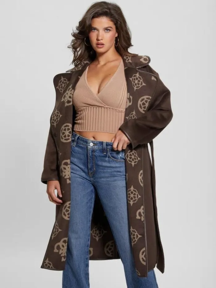 Women GUESS Jackets and Coats Ludovica WoolBlend Wrap Coat Jacquard Logo Brown Combo Women GUESS Jackets and Coats Ludovica WoolBlend Wrap Coat Jacquard Logo Brown Combo