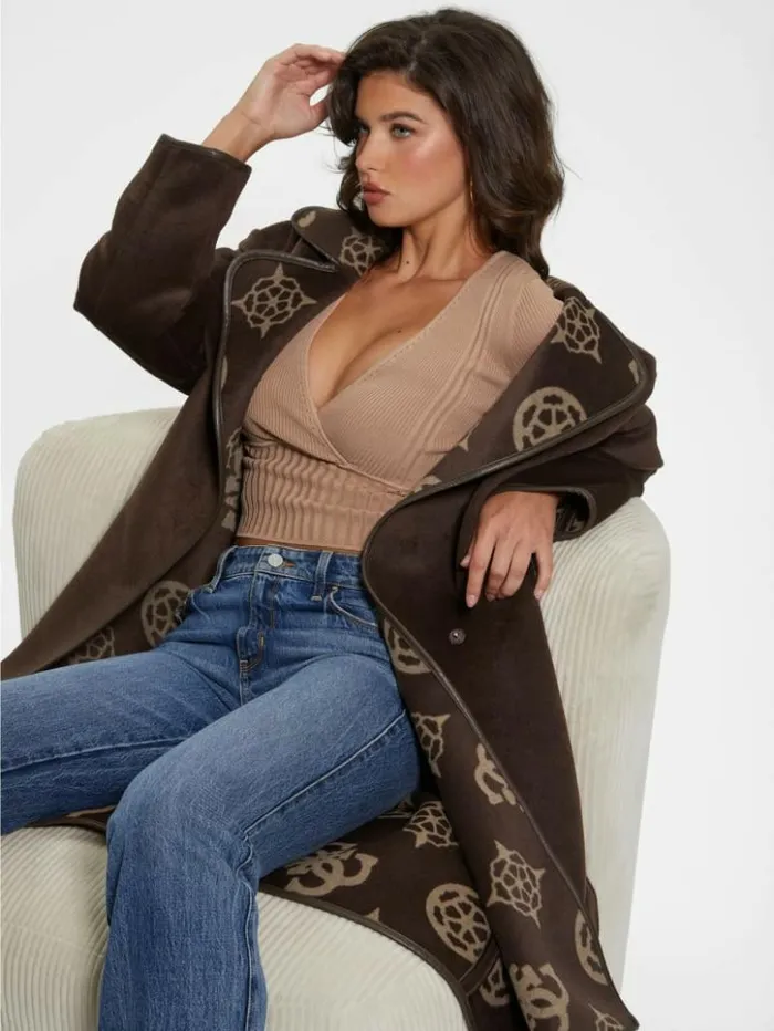 Women GUESS Jackets and Coats Ludovica WoolBlend Wrap Coat Jacquard Logo Brown Combo Women GUESS Jackets and Coats Ludovica WoolBlend Wrap Coat Jacquard Logo Brown Combo
