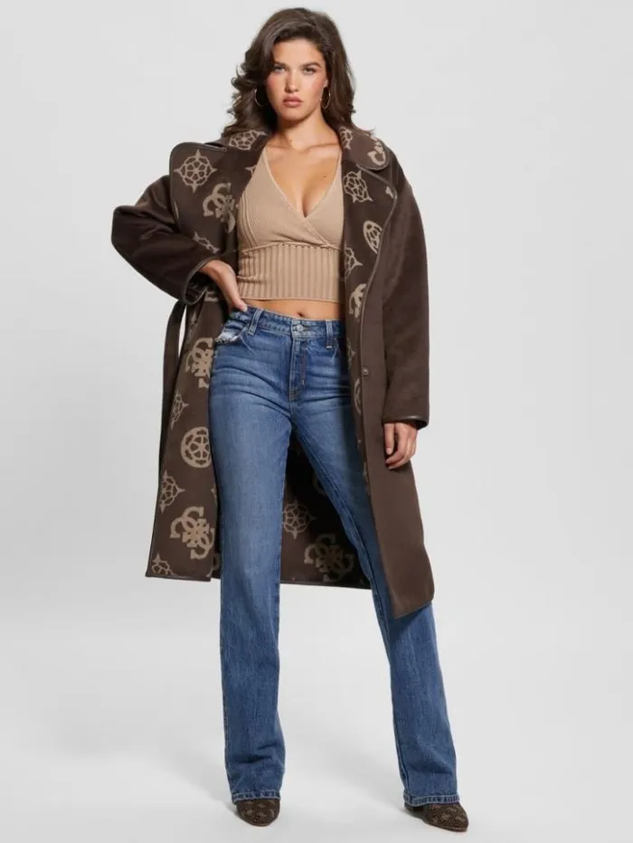 Women GUESS Jackets and Coats Ludovica WoolBlend Wrap Coat Jacquard Logo Brown Combo Women GUESS Jackets and Coats Ludovica WoolBlend Wrap Coat Jacquard Logo Brown Combo