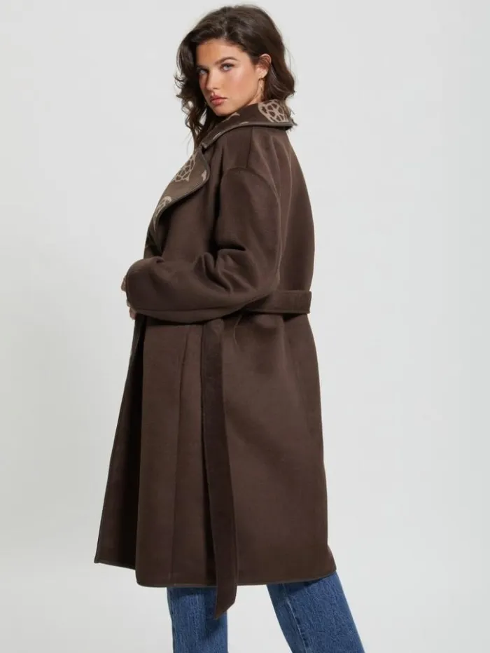 Women GUESS Jackets and Coats Ludovica WoolBlend Wrap Coat Jacquard Logo Brown Combo Women GUESS Jackets and Coats Ludovica WoolBlend Wrap Coat Jacquard Logo Brown Combo