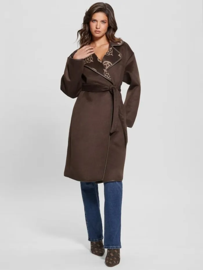 Women GUESS Jackets and Coats Ludovica WoolBlend Wrap Coat Jacquard Logo Brown Combo Women GUESS Jackets and Coats Ludovica WoolBlend Wrap Coat Jacquard Logo Brown Combo