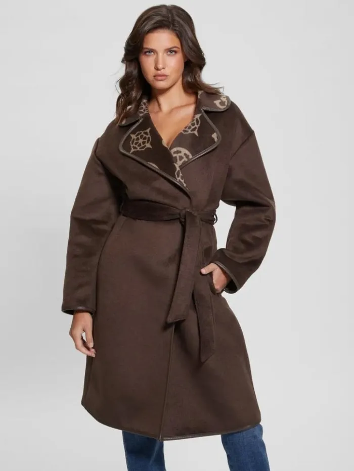 Women GUESS Jackets and Coats Ludovica WoolBlend Wrap Coat Jacquard Logo Brown Combo Women GUESS Jackets and Coats Ludovica WoolBlend Wrap Coat Jacquard Logo Brown Combo