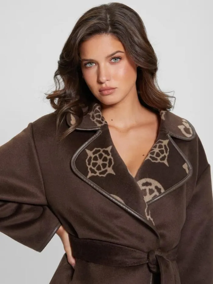 Women GUESS Jackets and Coats Ludovica WoolBlend Wrap Coat Jacquard Logo Brown Combo Women GUESS Jackets and Coats Ludovica WoolBlend Wrap Coat Jacquard Logo Brown Combo