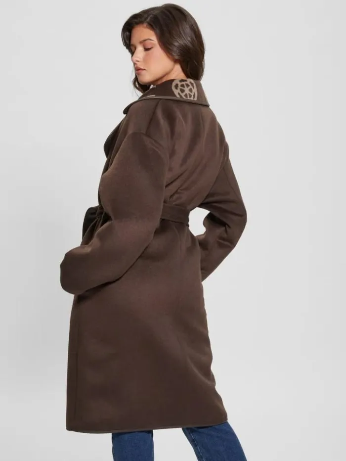 Women GUESS Jackets and Coats Ludovica WoolBlend Wrap Coat Jacquard Logo Brown Combo Women GUESS Jackets and Coats Ludovica WoolBlend Wrap Coat Jacquard Logo Brown Combo