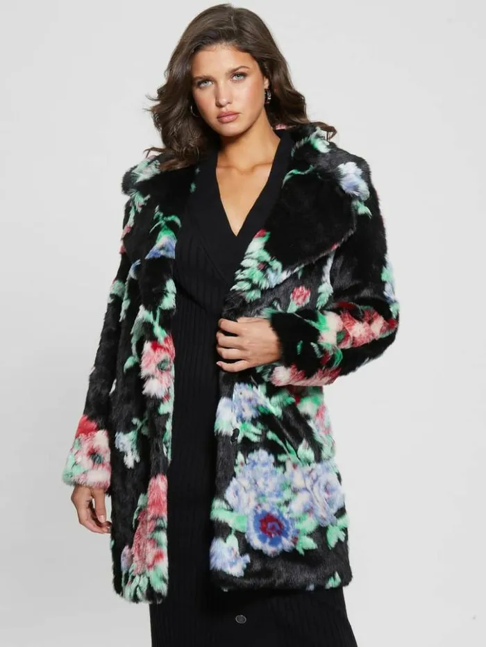 Women GUESS Jackets and Coats Magda FauxFur Coat Blossom Flower Black