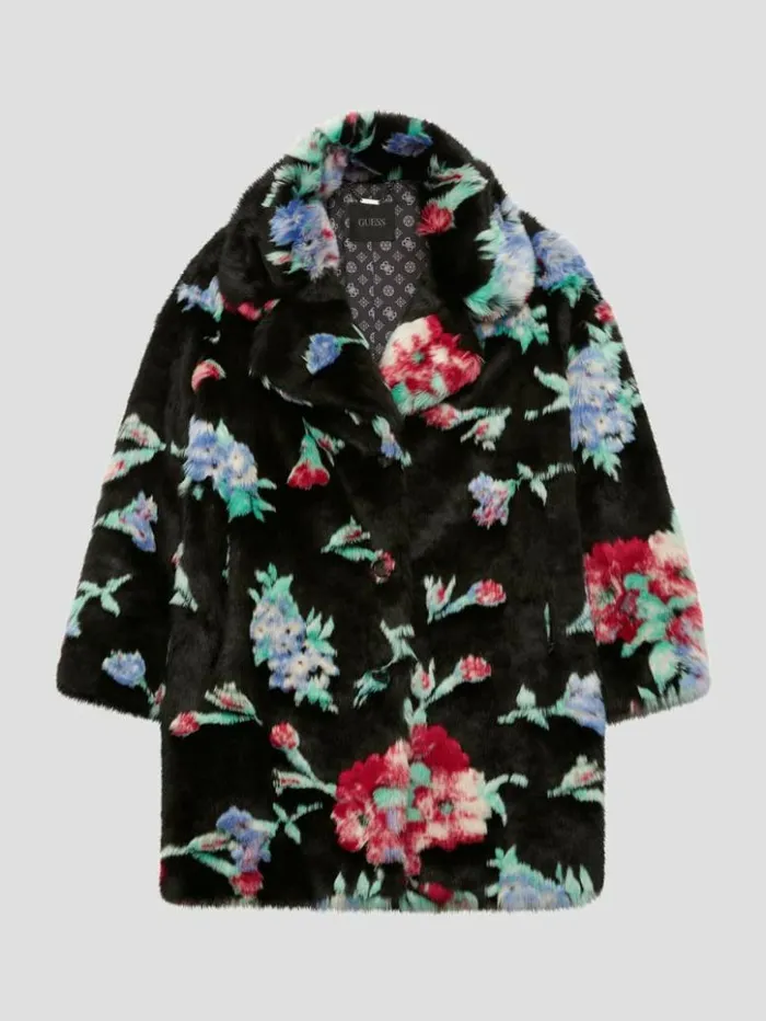 Women GUESS Jackets and Coats Magda FauxFur Coat Blossom Flower Black