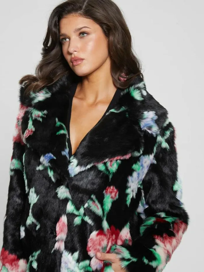 Women GUESS Jackets and Coats Magda FauxFur Coat Blossom Flower Black