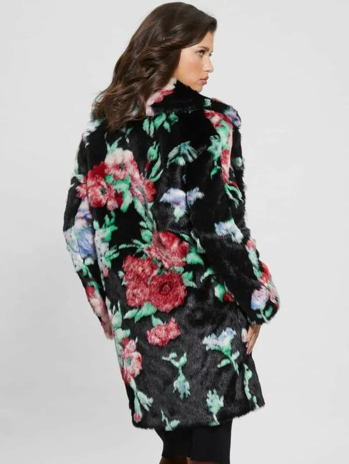 Women GUESS Jackets and Coats Magda FauxFur Coat Blossom Flower Black