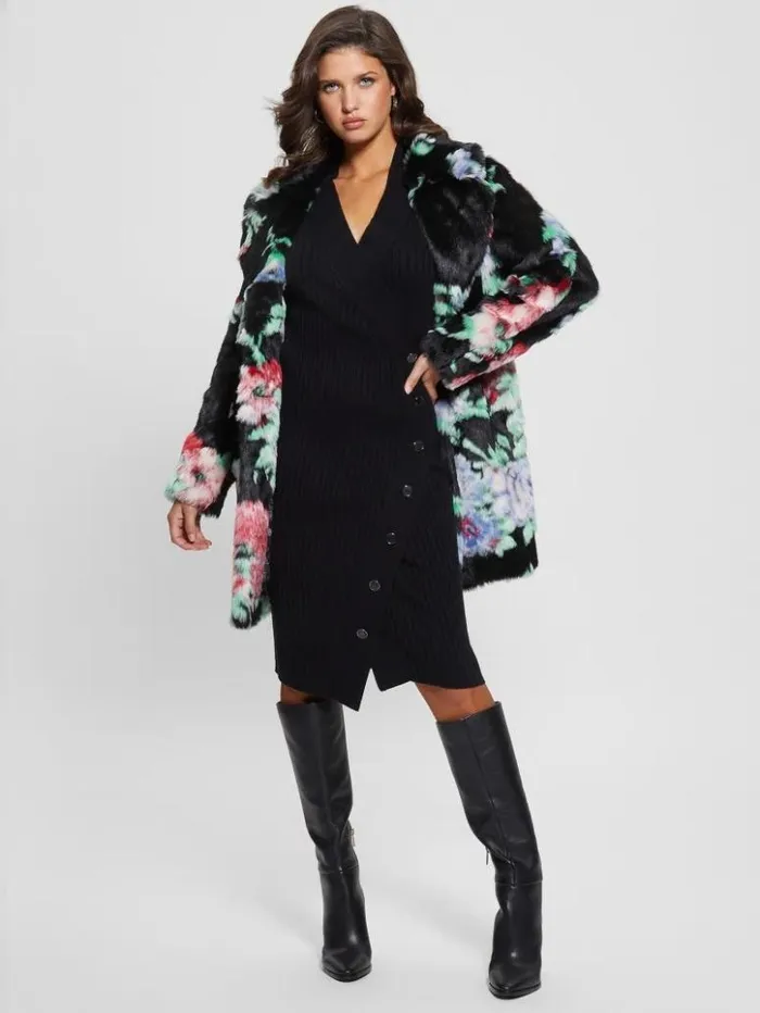 Women GUESS Jackets and Coats Magda FauxFur Coat Blossom Flower Black