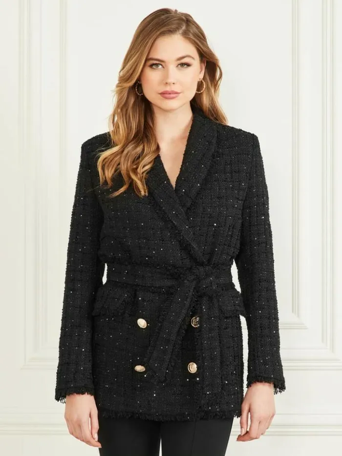 Women GUESS Jackets and Coats Marika Belted CoverUp Jet Black Multi