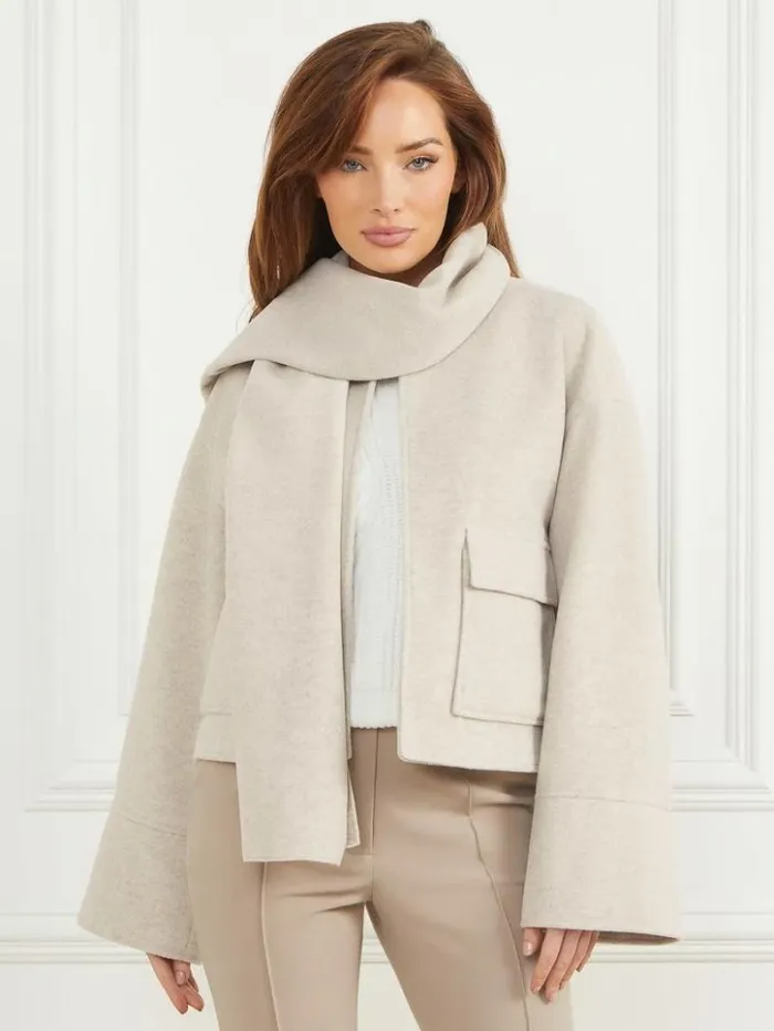 Women GUESS Jackets and Coats Mary Jacket And Scarf Set Light Grey Multi