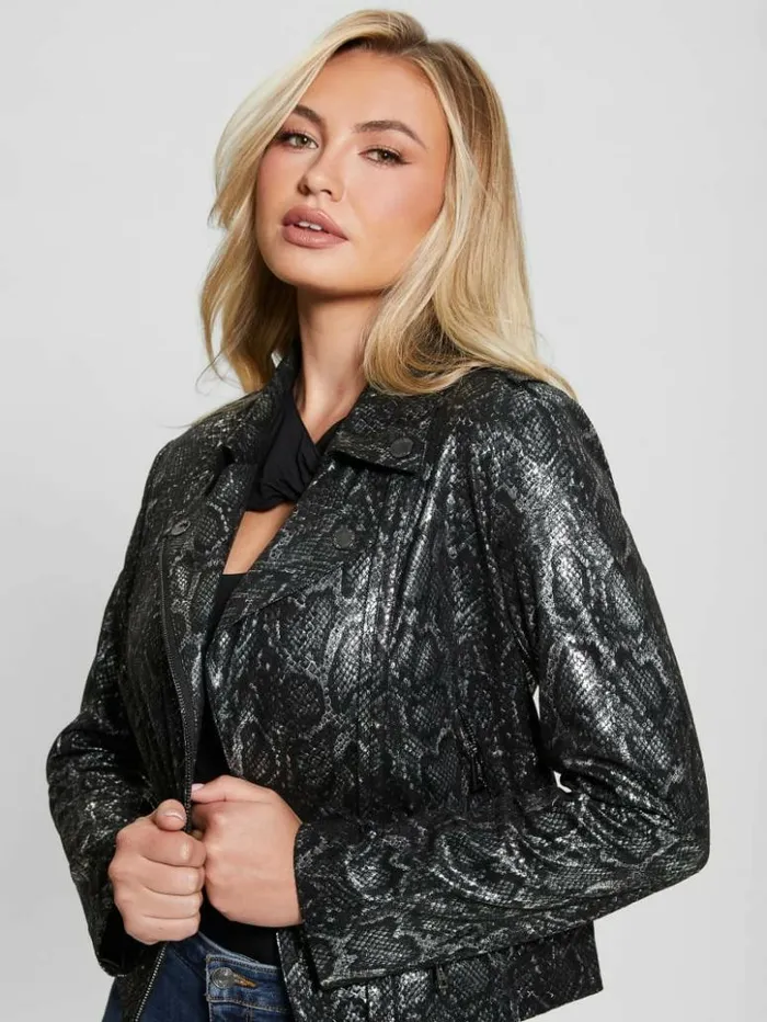Women GUESS Jackets and Coats Nancy FauxSuede Biker Jacket Foil Snake Black Combo Women GUESS Jackets and Coats Nancy FauxSuede Biker Jacket Foil Snake Black Combo