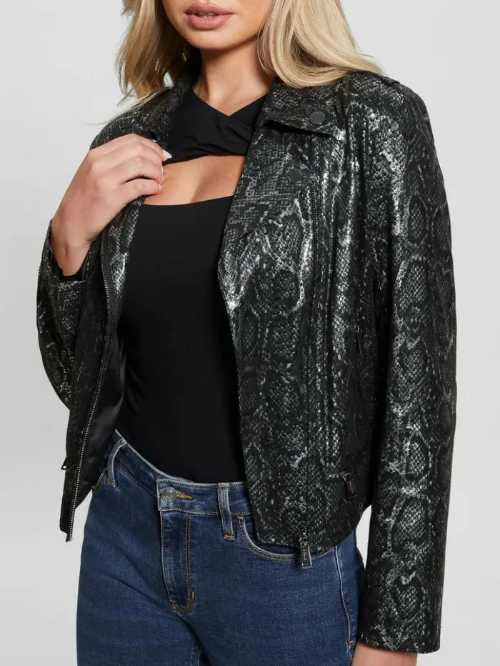 Women GUESS Jackets and Coats Nancy FauxSuede Biker Jacket Foil Snake Black Combo Women GUESS Jackets and Coats Nancy FauxSuede Biker Jacket Foil Snake Black Combo
