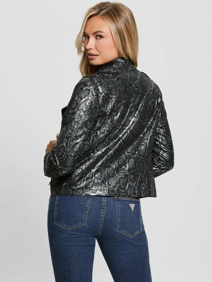 Women GUESS Jackets and Coats Nancy FauxSuede Biker Jacket Foil Snake Black Combo Women GUESS Jackets and Coats Nancy FauxSuede Biker Jacket Foil Snake Black Combo