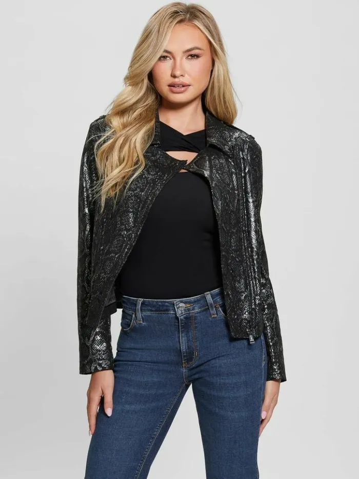 Women GUESS Jackets and Coats Nancy FauxSuede Biker Jacket Foil Snake Black Combo Women GUESS Jackets and Coats Nancy FauxSuede Biker Jacket Foil Snake Black Combo