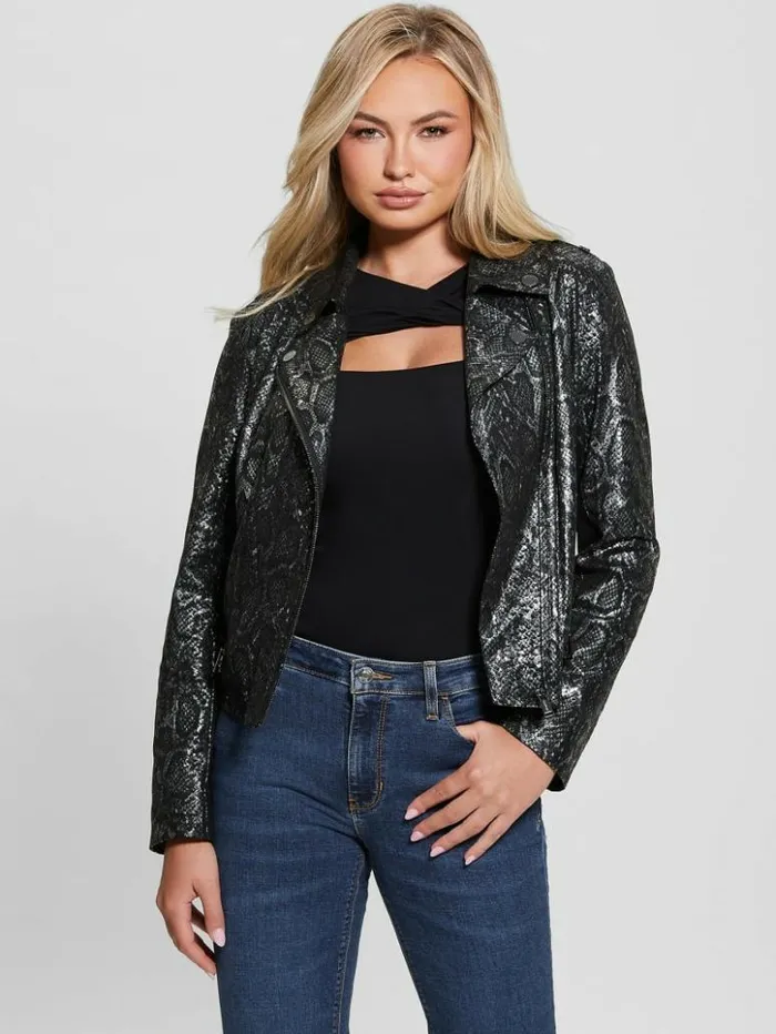 Women GUESS Jackets and Coats Nancy FauxSuede Biker Jacket Foil Snake Black Combo Women GUESS Jackets and Coats Nancy FauxSuede Biker Jacket Foil Snake Black Combo