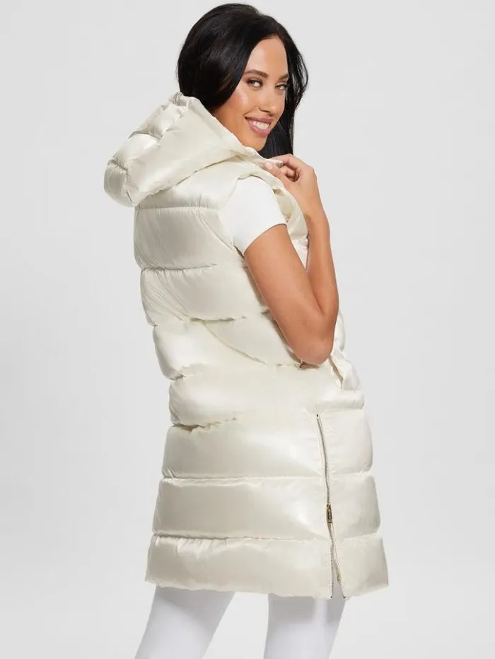 Women GUESS Jackets and Coats Noemi Long Satin Puffer Vest Cream White Multi