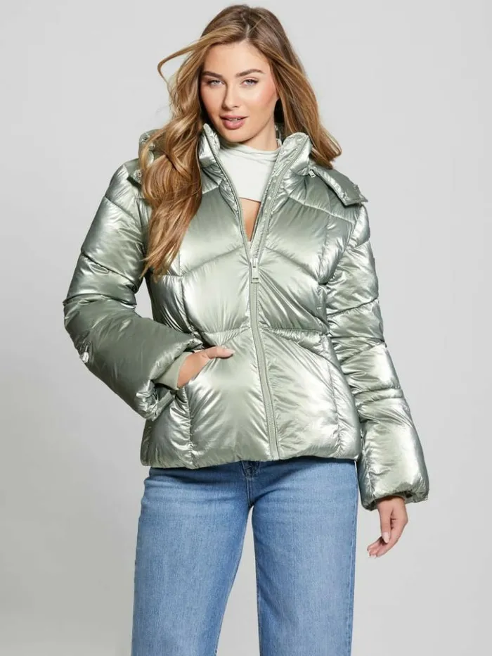 Women GUESS Jackets and Coats Paloma Nylon Puffer Hooded Jacket Sage Leaf Multi Women GUESS Jackets and Coats Paloma Nylon Puffer Hooded Jacket Sage Leaf Multi