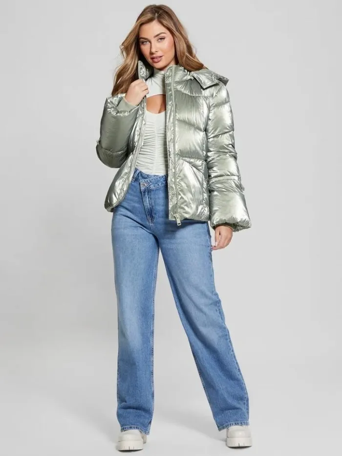 Women GUESS Jackets and Coats Paloma Nylon Puffer Hooded Jacket Sage Leaf Multi Women GUESS Jackets and Coats Paloma Nylon Puffer Hooded Jacket Sage Leaf Multi
