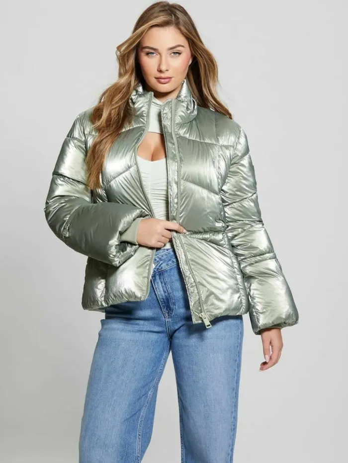 Women GUESS Jackets and Coats Paloma Nylon Puffer Hooded Jacket Sage Leaf Multi Women GUESS Jackets and Coats Paloma Nylon Puffer Hooded Jacket Sage Leaf Multi