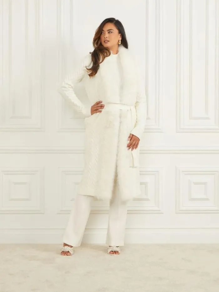 Women GUESS Jackets and Coats Paula FauxFur Long Cardigan Sweater Pale Pearl