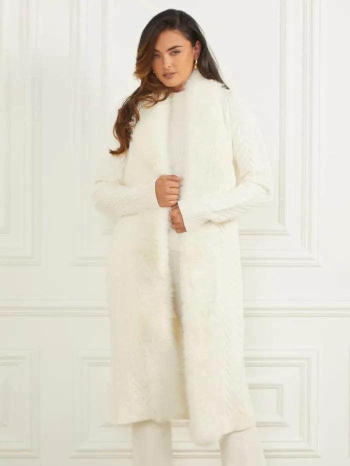 Women GUESS Jackets and Coats Paula FauxFur Long Cardigan Sweater Pale Pearl Women GUESS Jackets and Coats Paula FauxFur Long Cardigan Sweater Pale Pearl